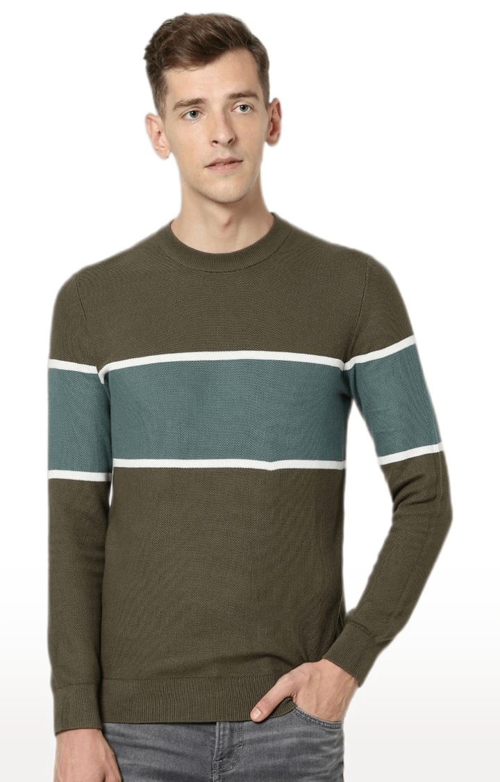 celio | Men's Green Colourblock Sweaters