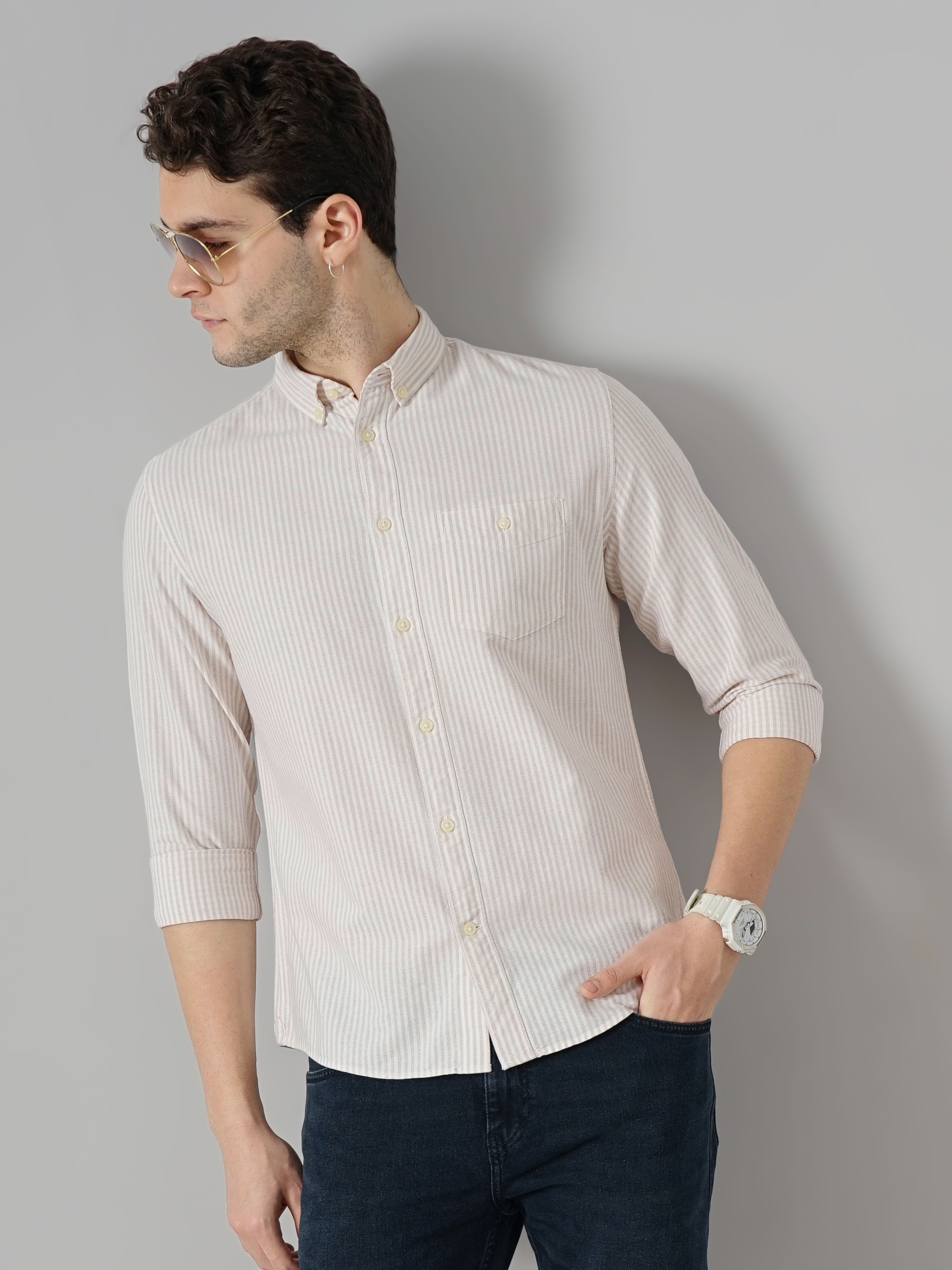 celio | Celio Men Beige Striped Regular Fit Cotton Semi Formal Casual Shirt