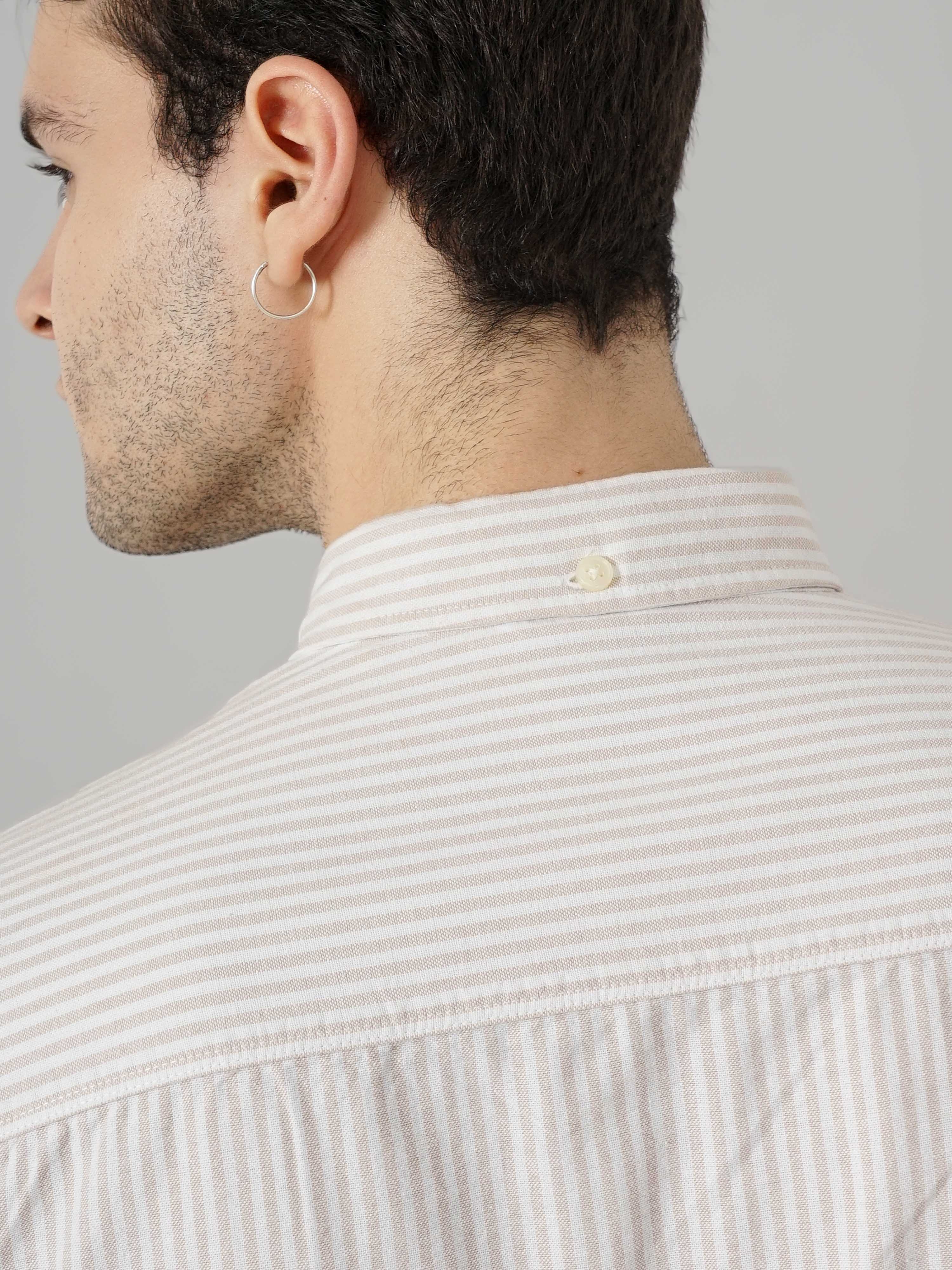 Celio Men Beige Striped Regular Fit Cotton Semi Formal Casual Shirt