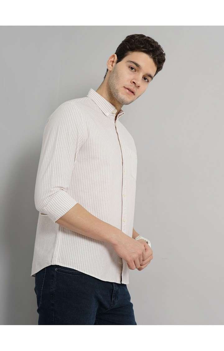 Celio Men Beige Striped Regular Fit Cotton Semi Formal Casual Shirt
