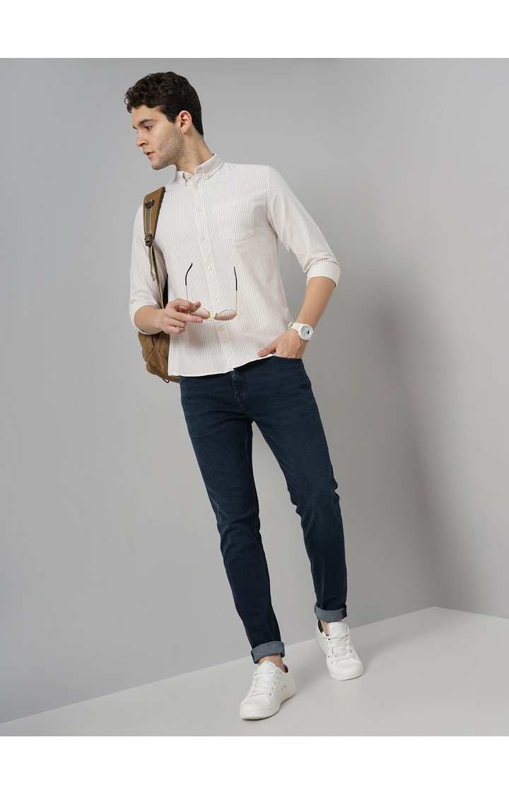 Celio Men Beige Striped Regular Fit Cotton Semi Formal Casual Shirt