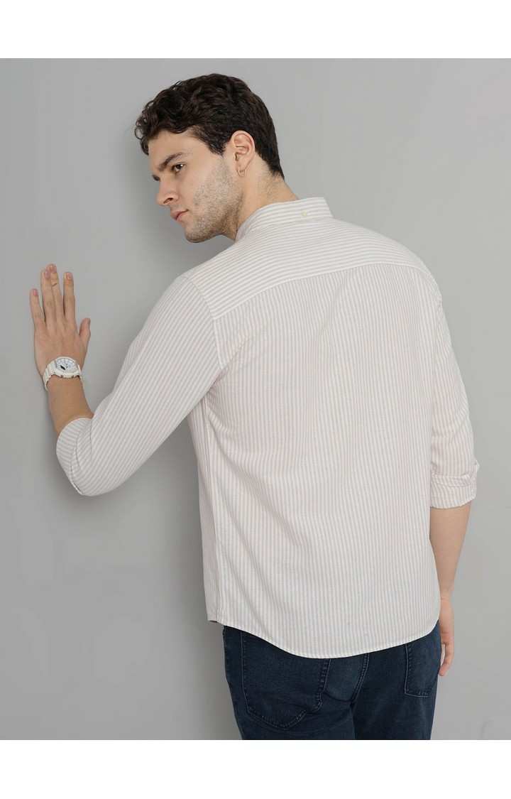Celio Men Beige Striped Regular Fit Cotton Semi Formal Casual Shirt