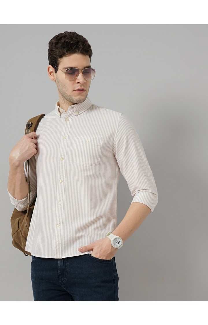 Celio Men Beige Striped Regular Fit Cotton Semi Formal Casual Shirt