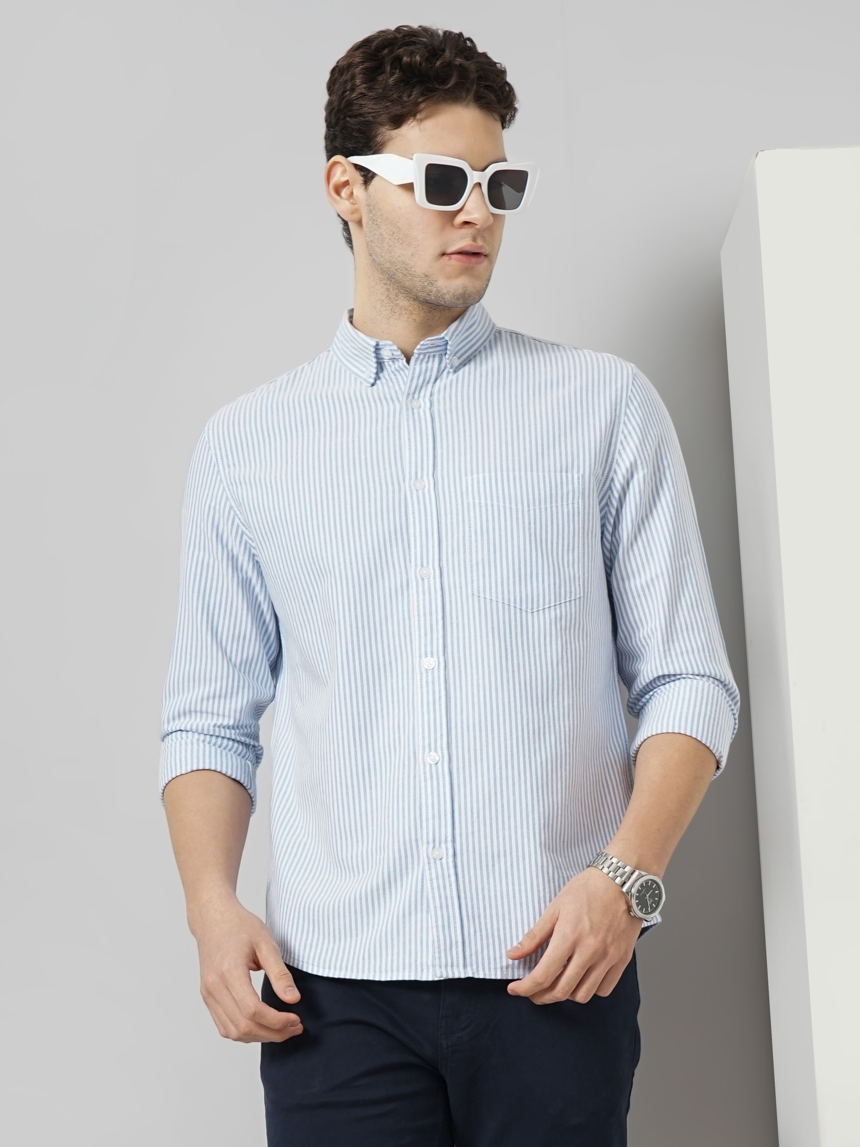 celio | Celio Men Blue Striped Regular Fit Cotton Semi Formal Casual Shirt