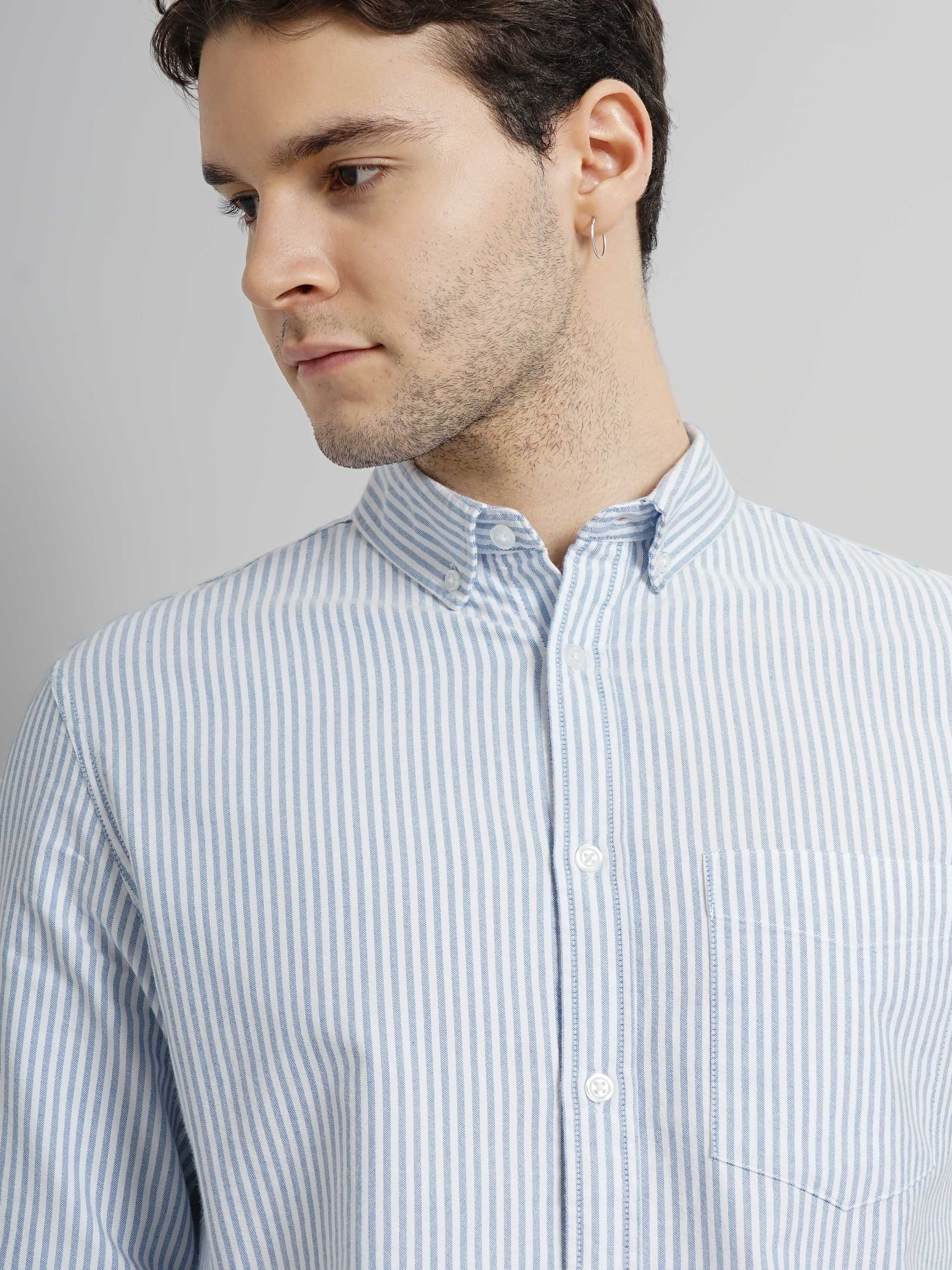 Celio Men Blue Striped Regular Fit Cotton Semi Formal Casual Shirt
