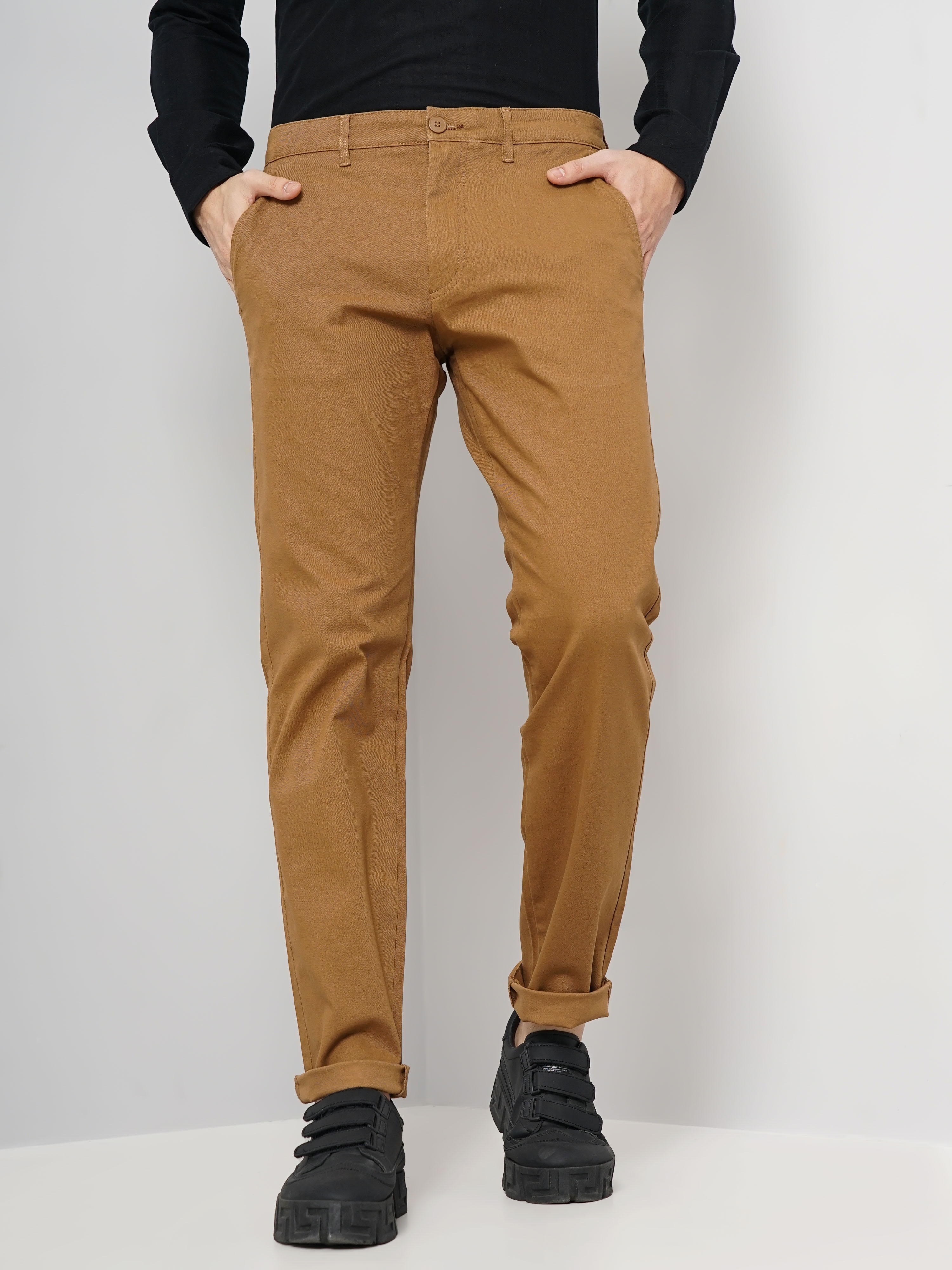 celio | Celio Men Brown Solid Slim Fit Cotton Basic Chinos Casual Trousers