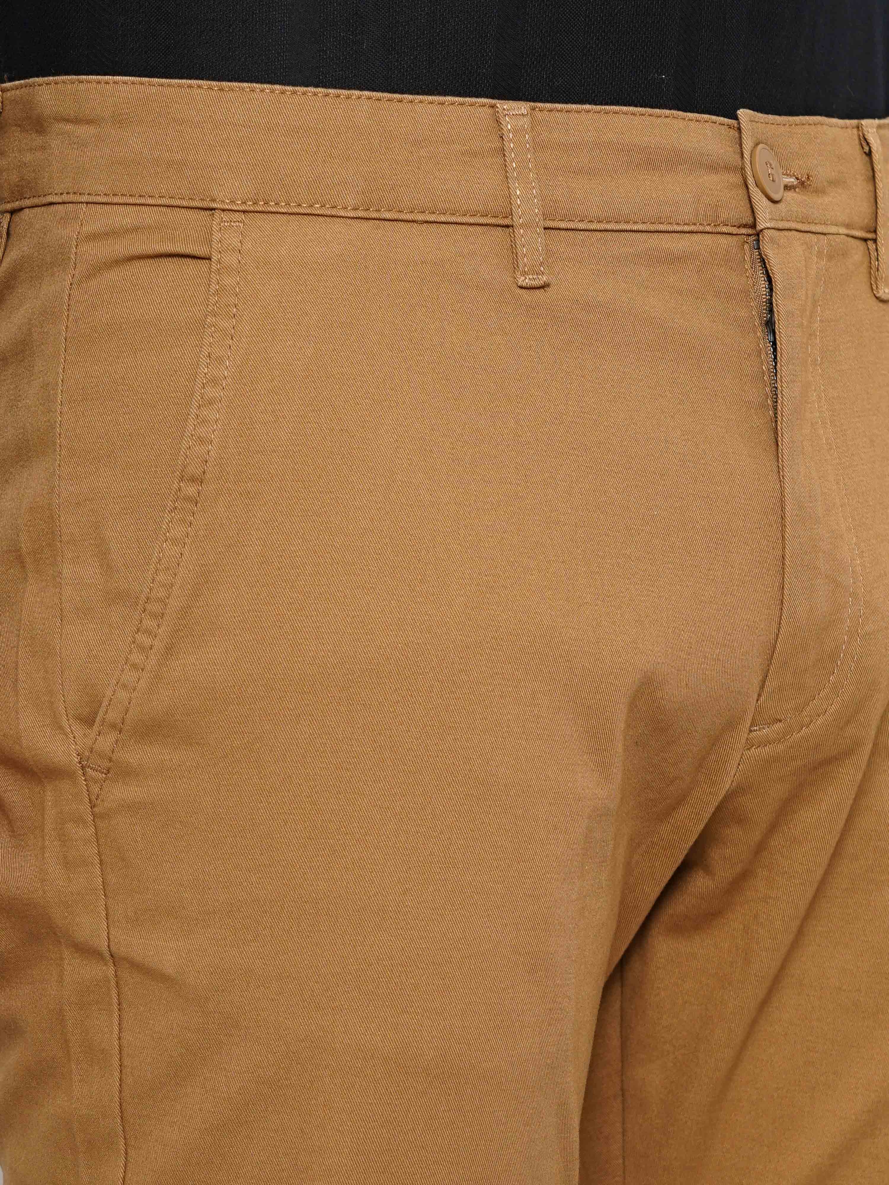 Celio Men Brown Solid Slim Fit Cotton Basic Chinos Casual Trousers