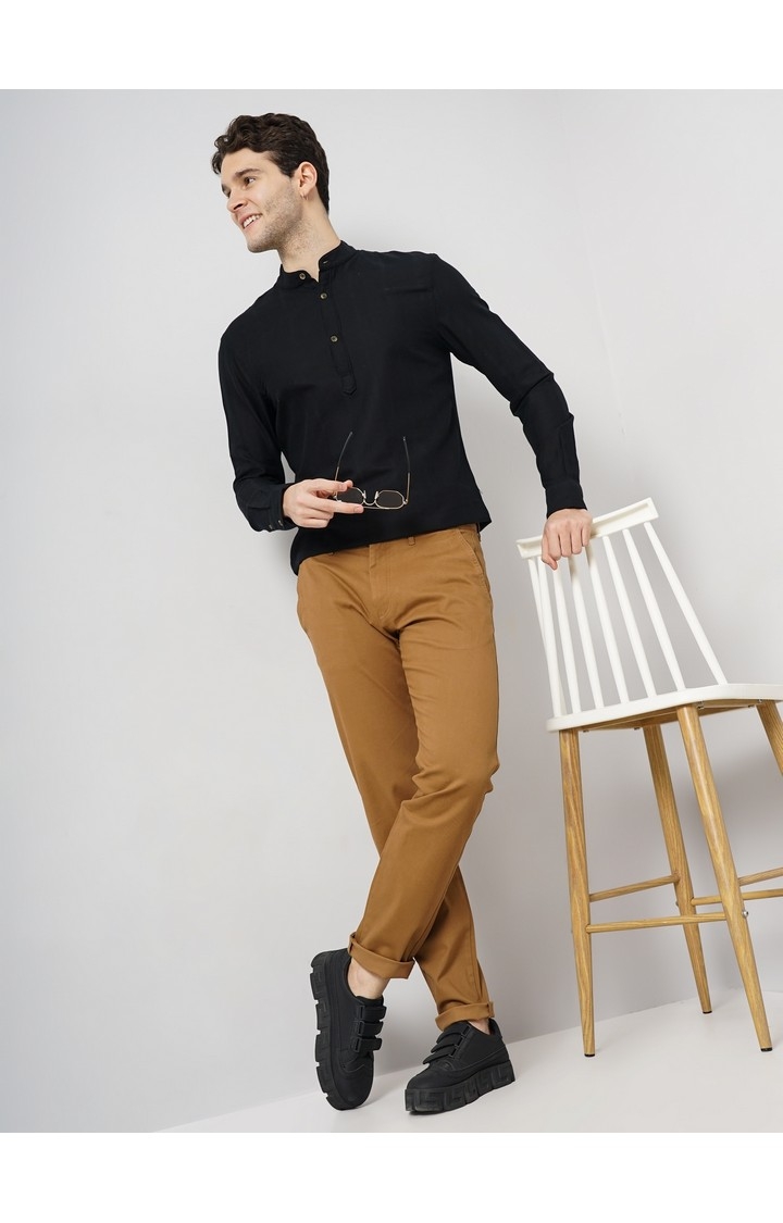 Celio Men Brown Solid Slim Fit Cotton Basic Chinos Casual Trousers