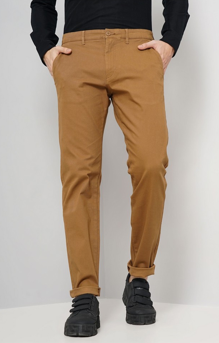 Celio Men Brown Solid Slim Fit Cotton Basic Chinos Casual Trousers