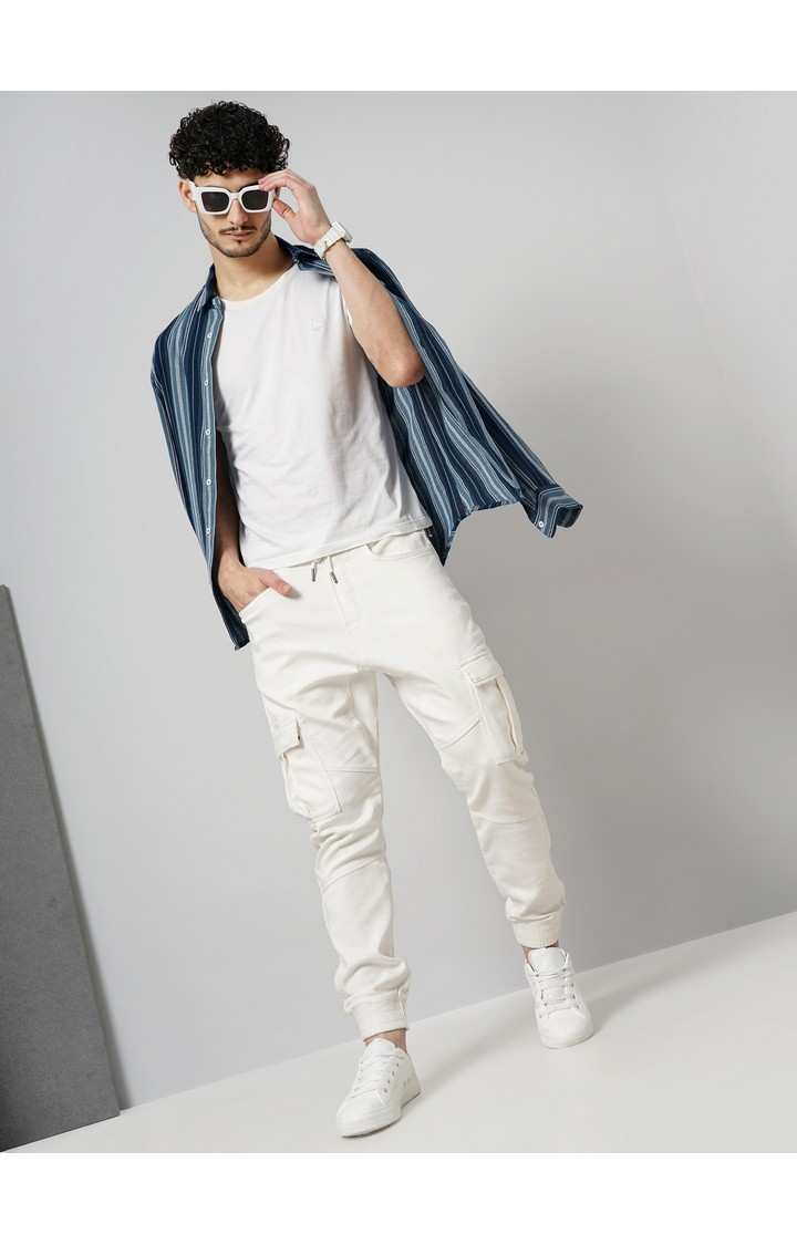 Men's White Cotton Blend Solid Cargos