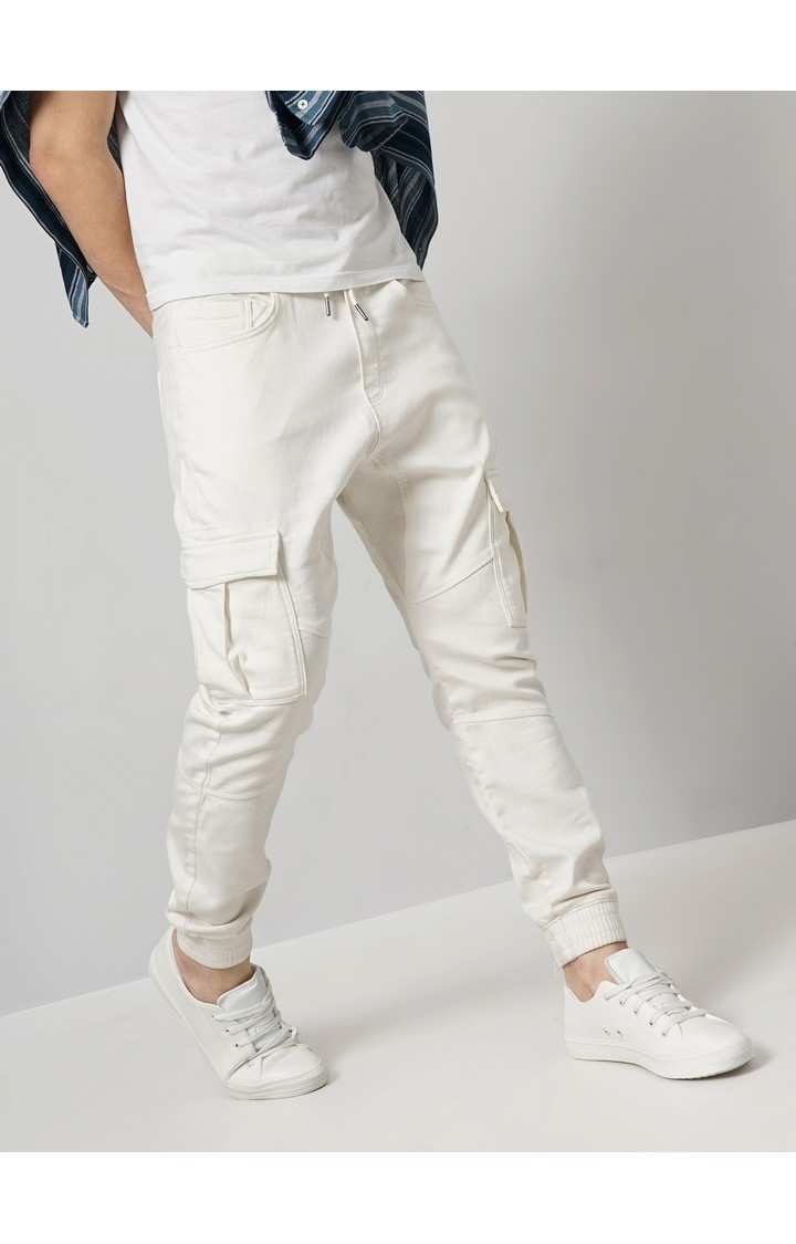 Men's White Cotton Blend Solid Cargos