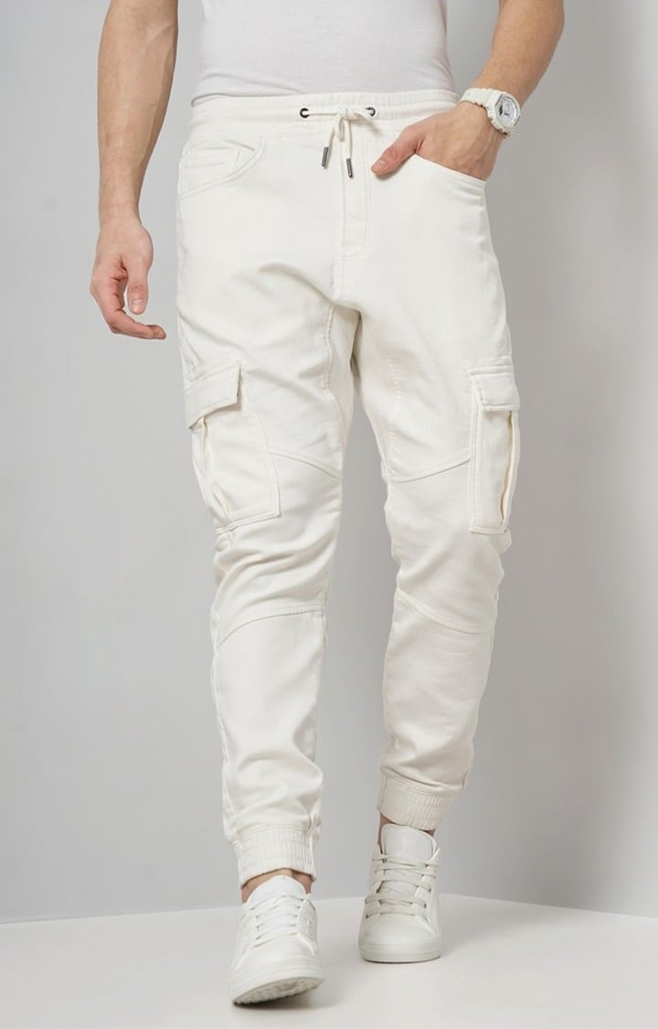 Men's White Cotton Blend Solid Cargos