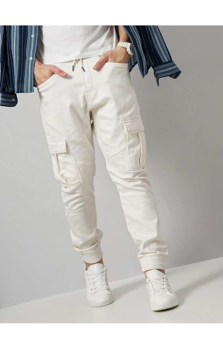 Men's White Cotton Blend Solid Cargos