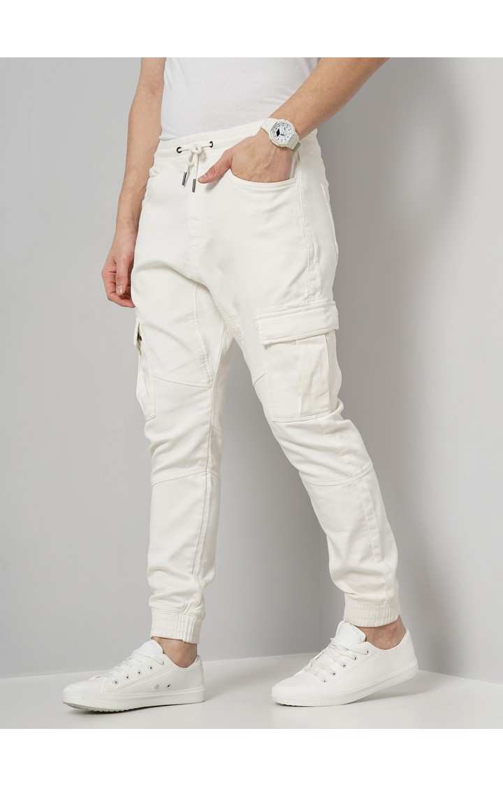 Men's White Cotton Blend Solid Cargos