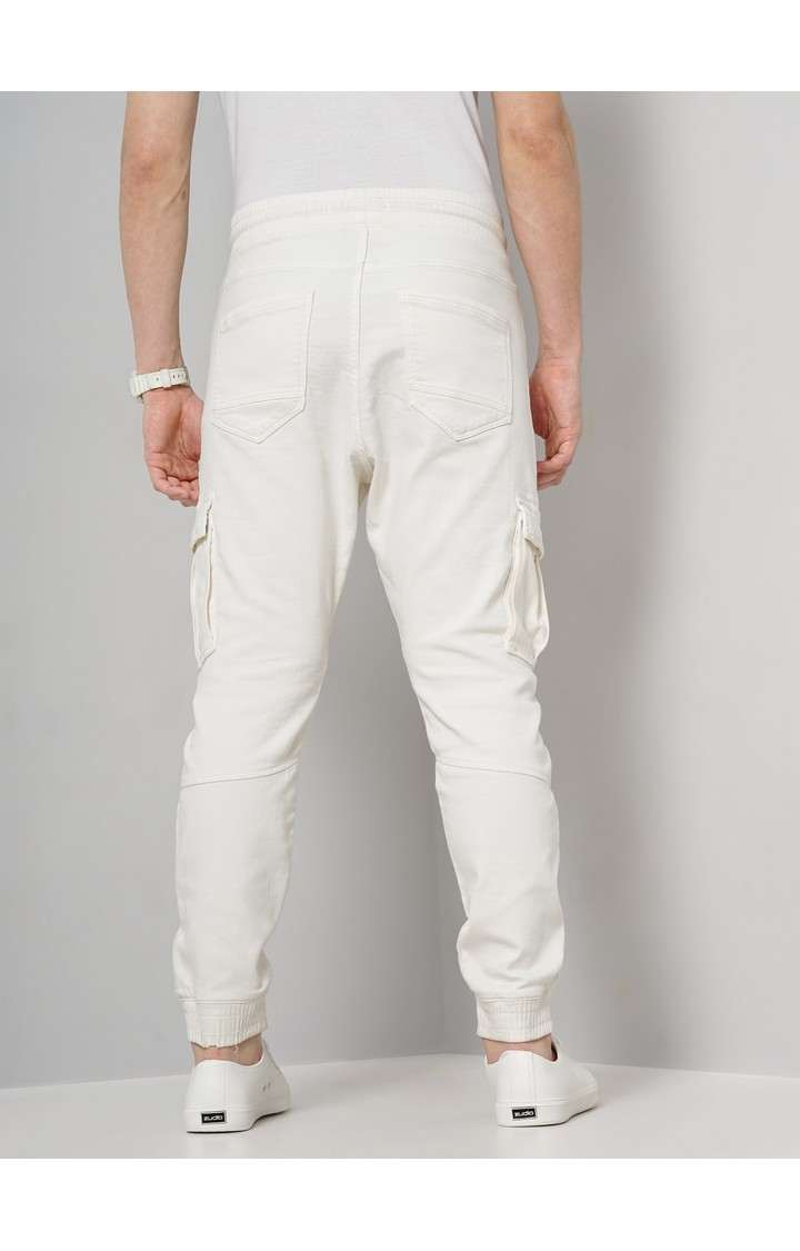 Men's White Cotton Blend Solid Cargos