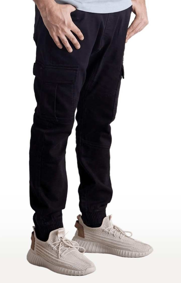 Men's Black Blended Solid Cargos