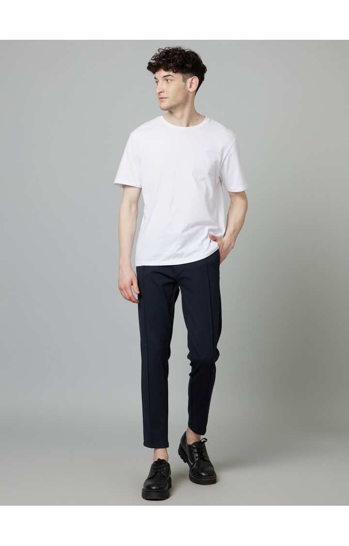 Men's Blue Blended Solid Trousers