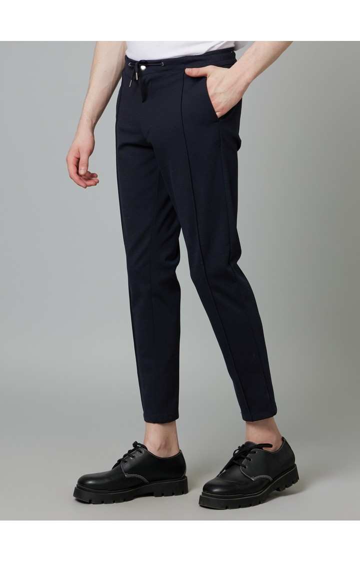 Men's Blue Blended Solid Trousers