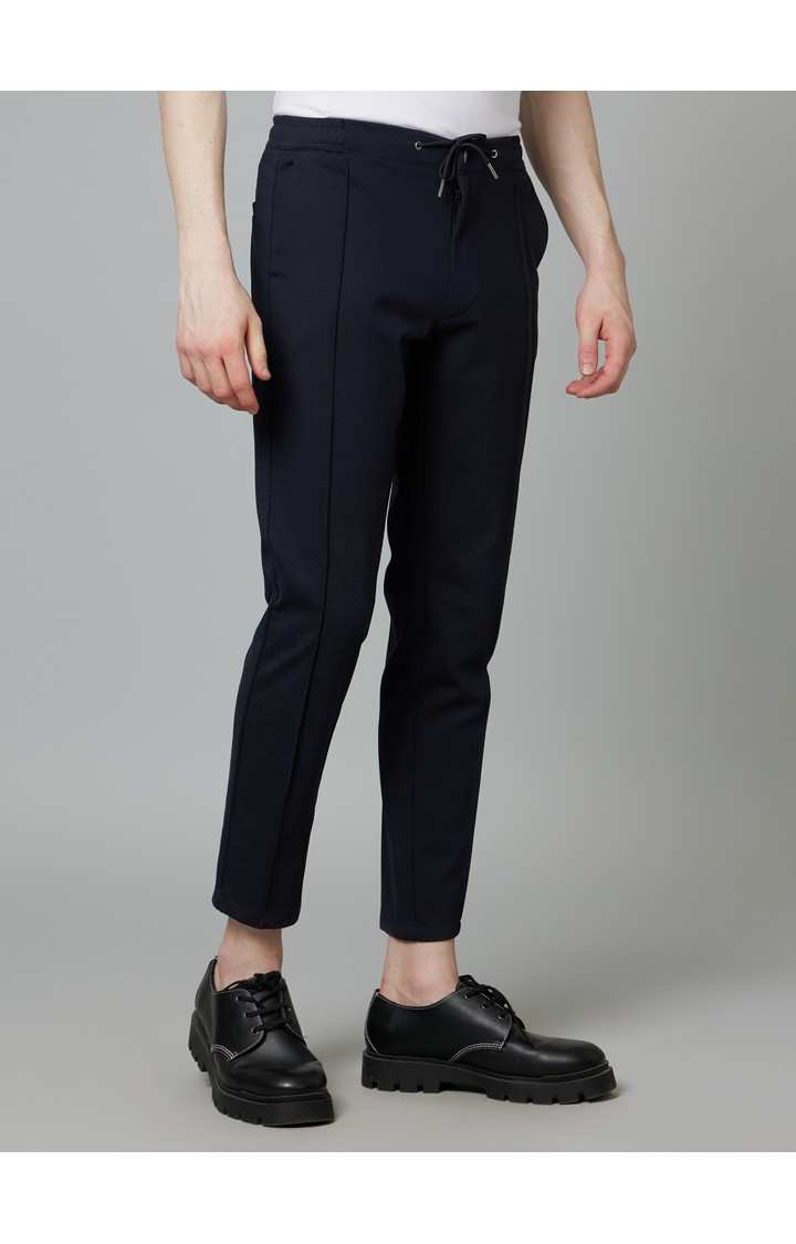 Men's Blue Blended Solid Trousers