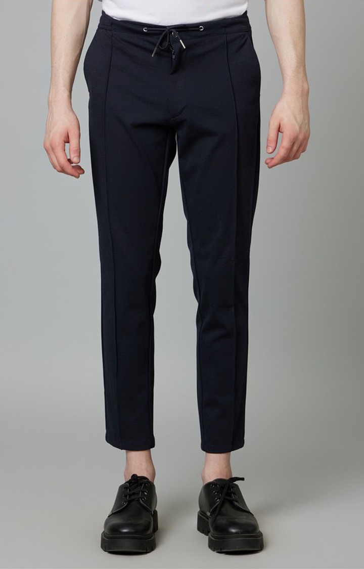 Men's Blue Blended Solid Trousers