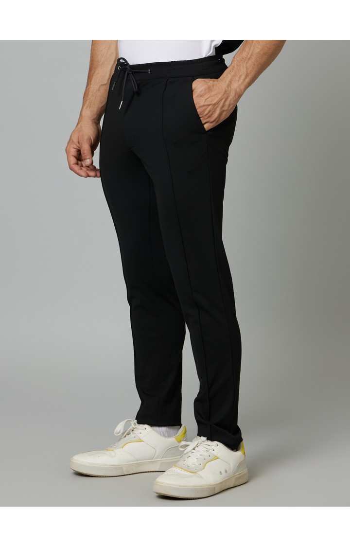 Men's Black Blended Solid Trousers