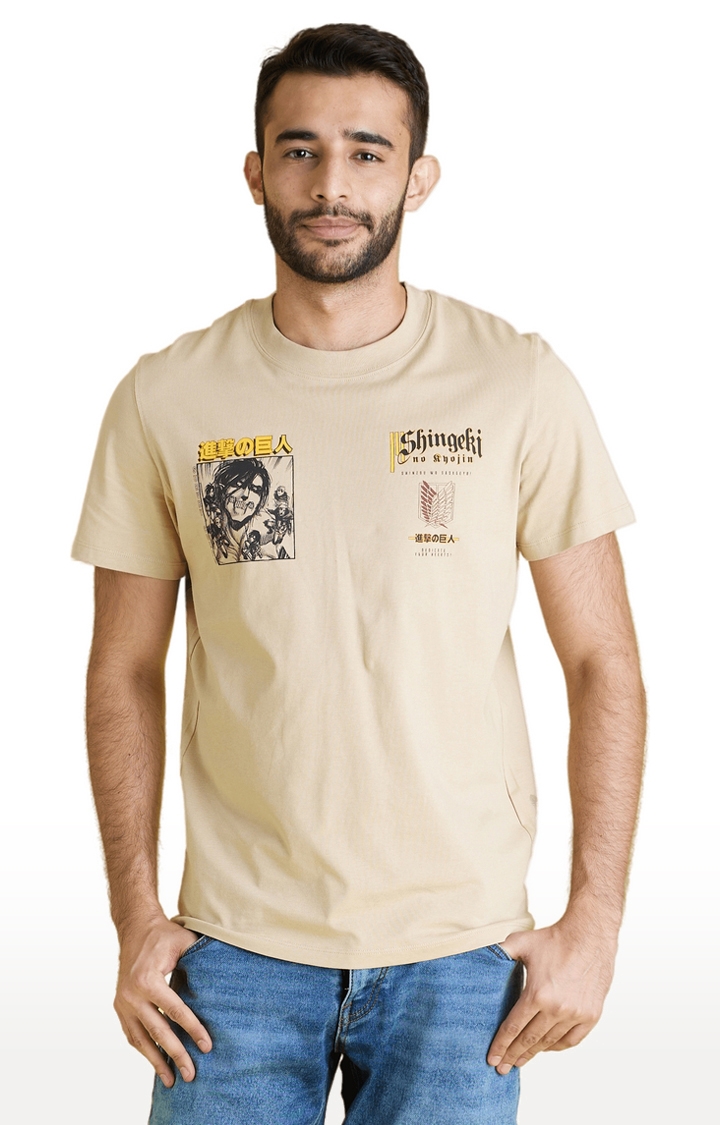 Men's Beige Printed Regular T-Shirts