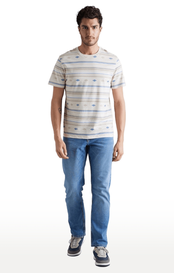 celio | Men's Beige Striped Regular T-Shirts