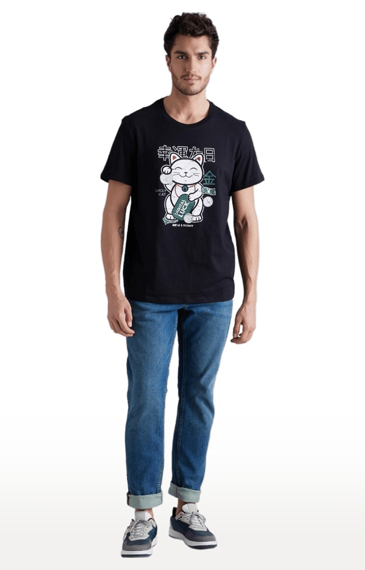 celio | Men's Black Graphics Regular T-Shirts