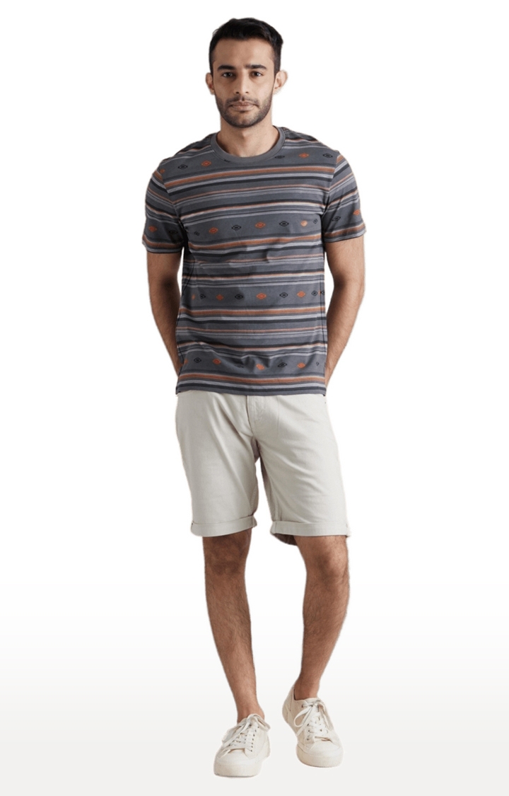 celio | Men's Grey Striped Regular T-Shirts