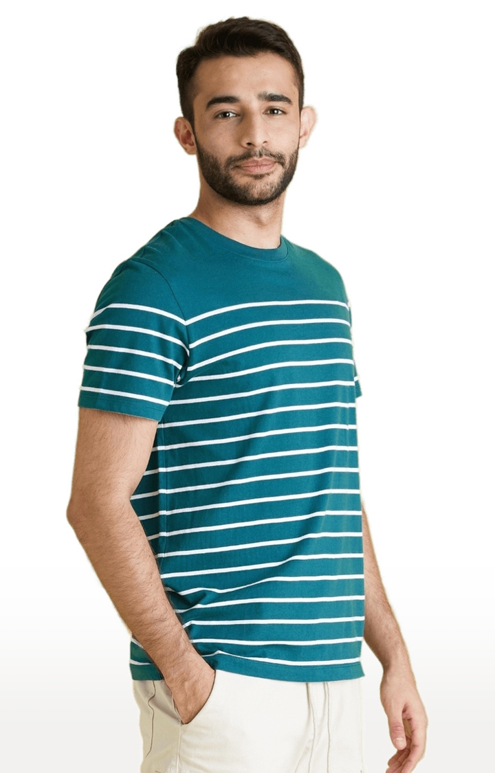 celio | Men's Green Striped Regular T-Shirts