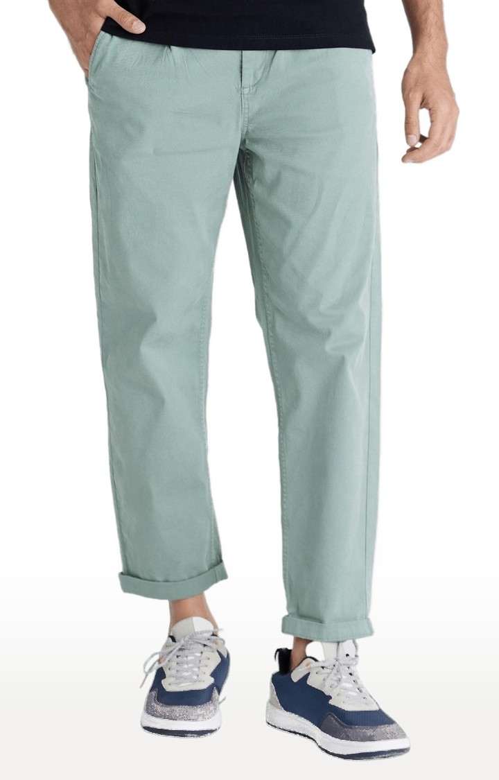 Men's Green Cotton Blend Solid Chinos
