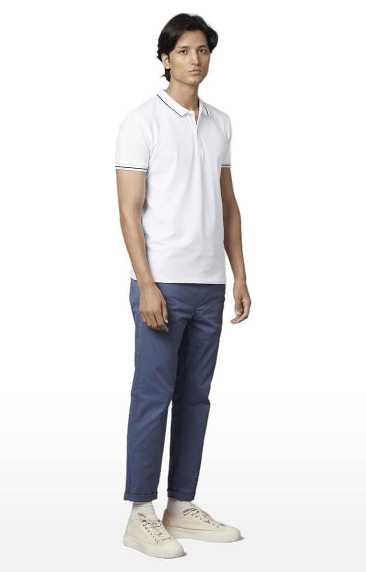 Men's Blue Cotton Blend Solid Chinos
