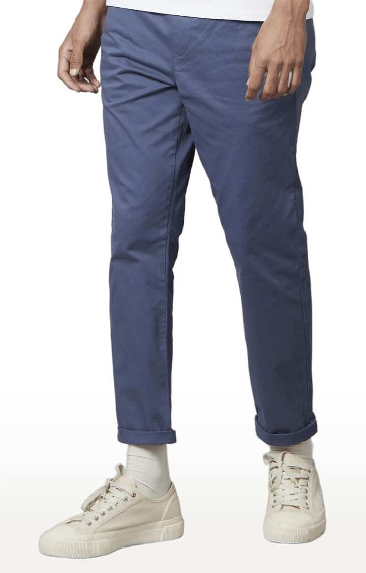 Men's Blue Cotton Blend Solid Chinos