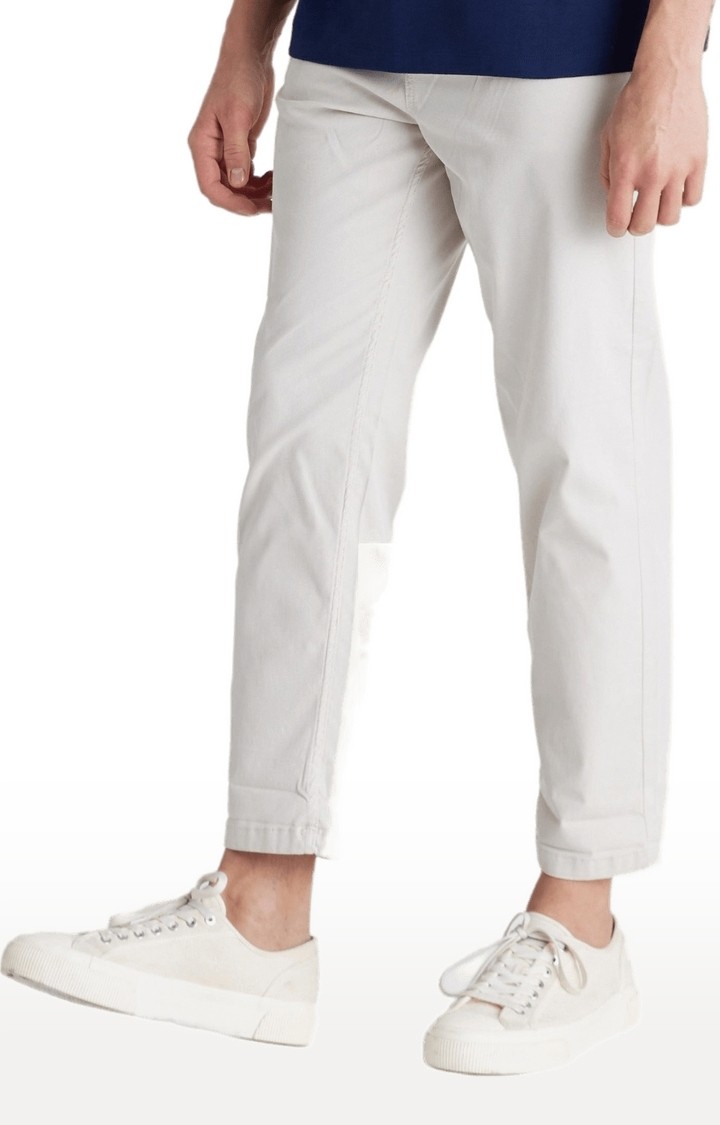 Men's White Cotton Blend Solid Chinos