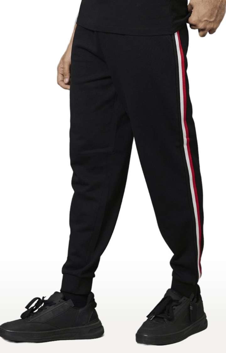Men's Black Cotton Striped Casual Joggers