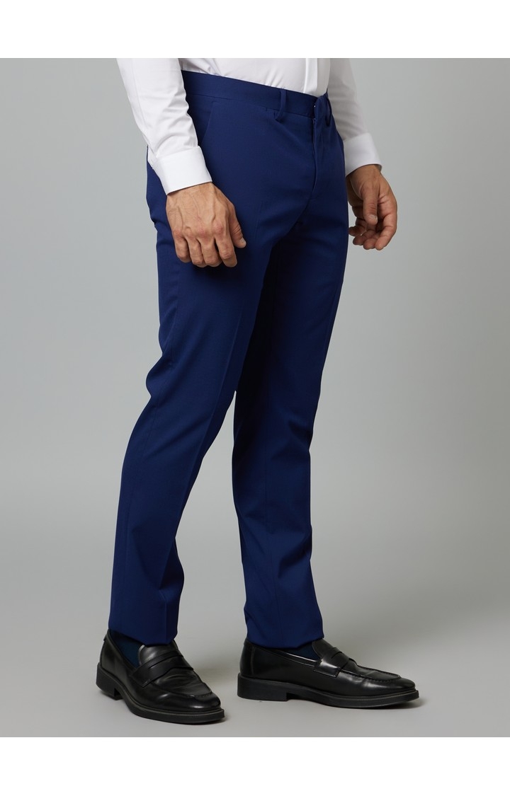 Men's Blue Polyester Solid Formal Trousers