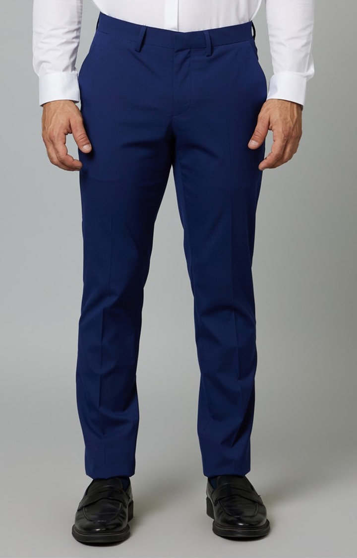 Men's Blue Polyester Solid Formal Trousers