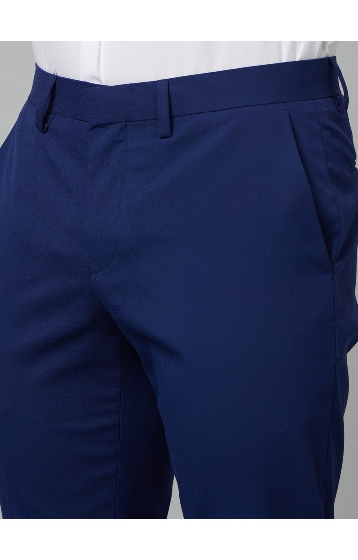 Men's Blue Polyester Solid Formal Trousers