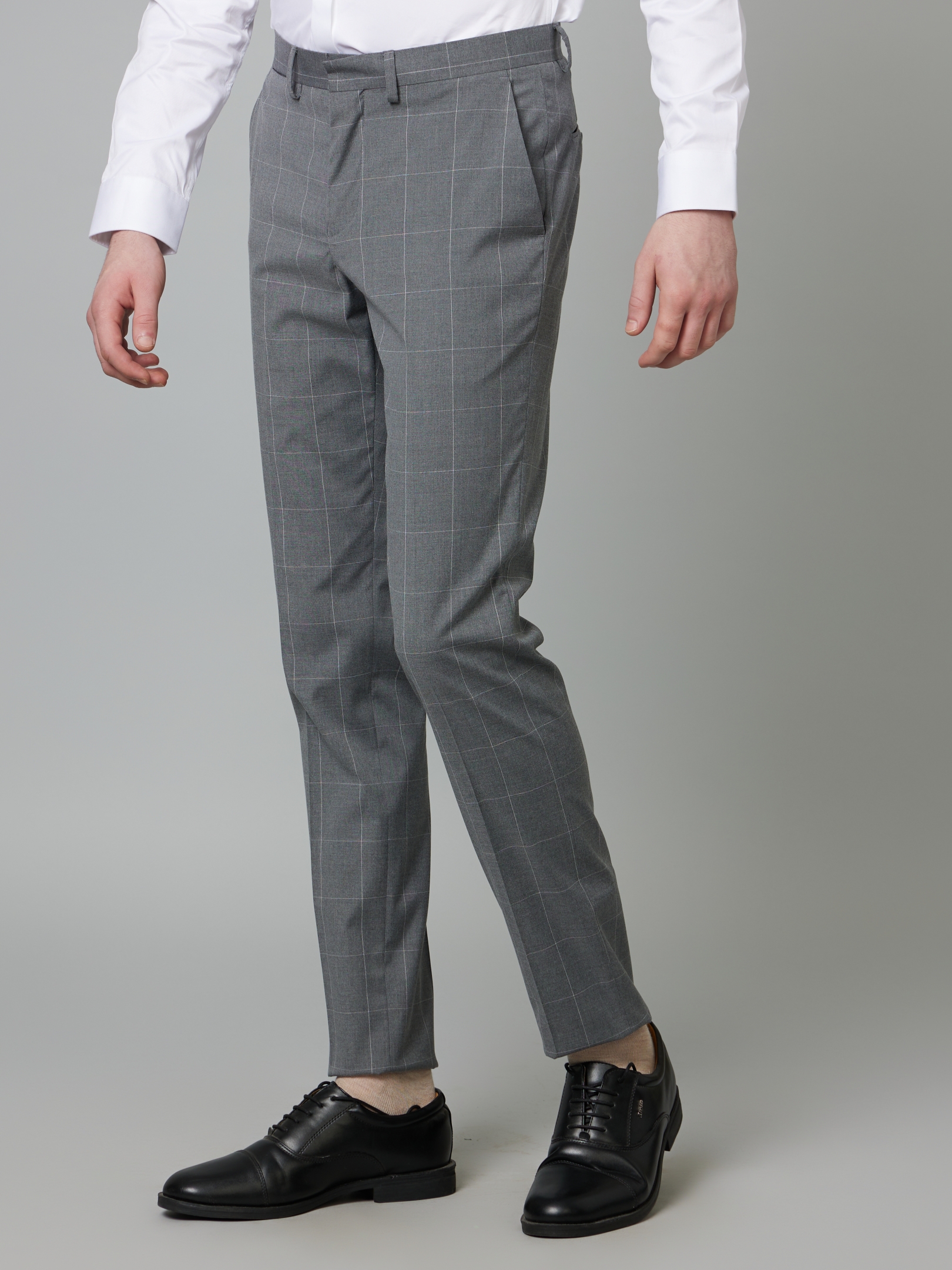 Men's Grey Polyester Checked Formal Trousers