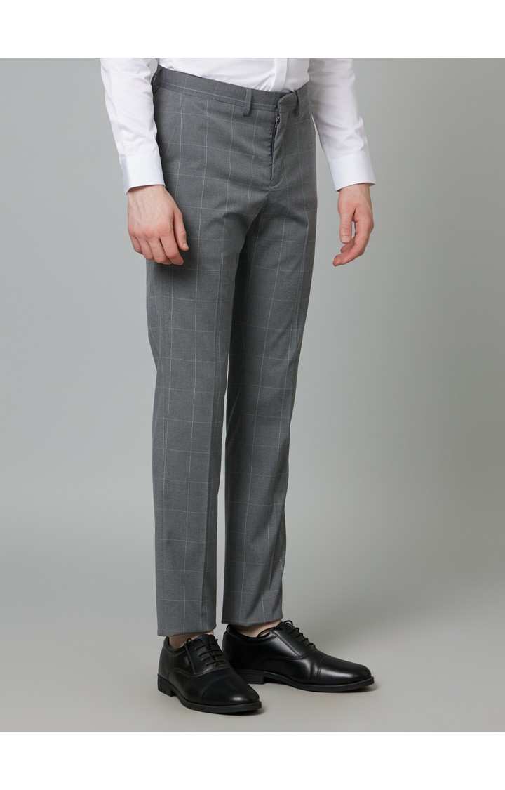 Men's Grey Polyester Checked Formal Trousers