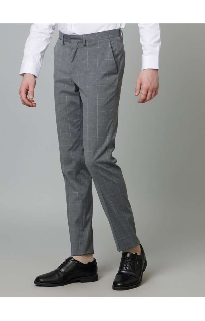 Men's Grey Polyester Checked Formal Trousers