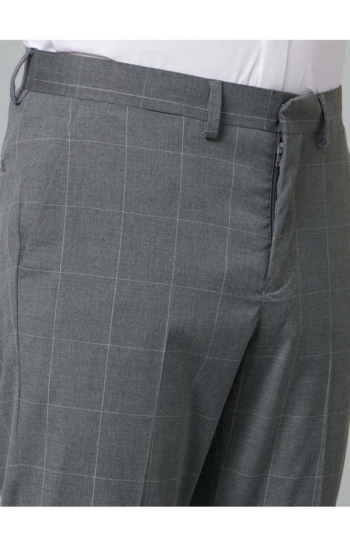 Men's Grey Polyester Checked Formal Trousers