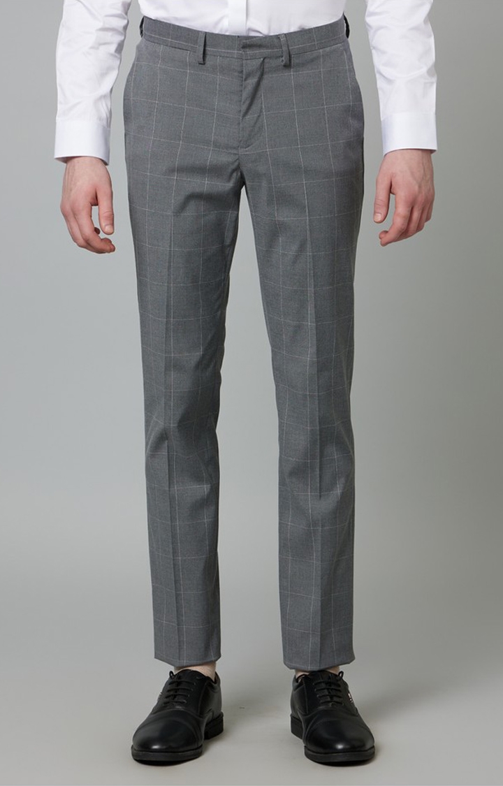 celio | Men's Grey Polyester Checked Formal Trousers