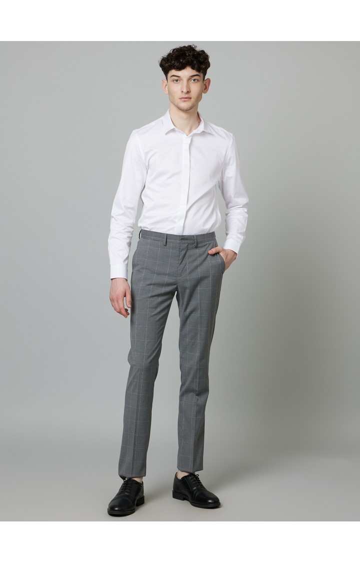 Men's Grey Polyester Checked Formal Trousers