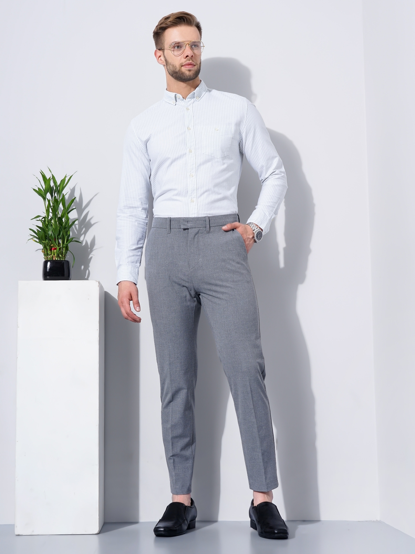 Men's Grey Polyester Handwoven Trousers