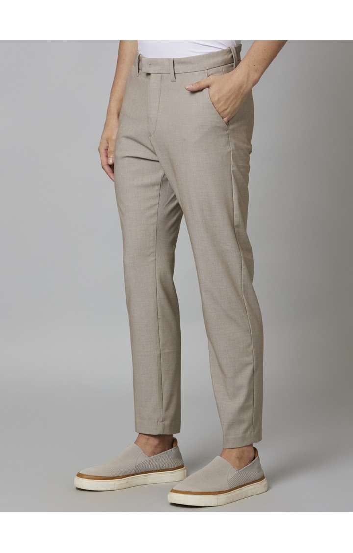 Men's Beige Blended Solid Trousers