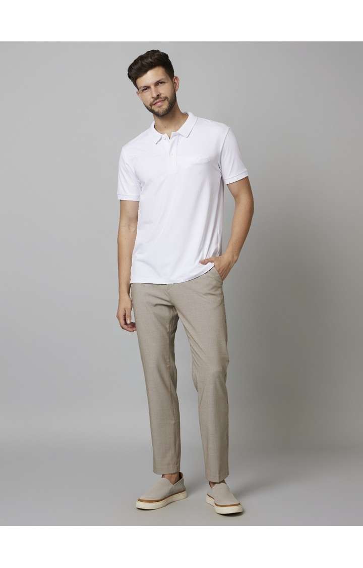 Men's Beige Blended Solid Trousers