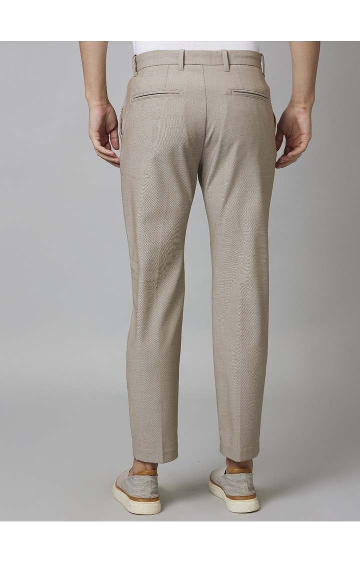 Men's Beige Blended Solid Trousers