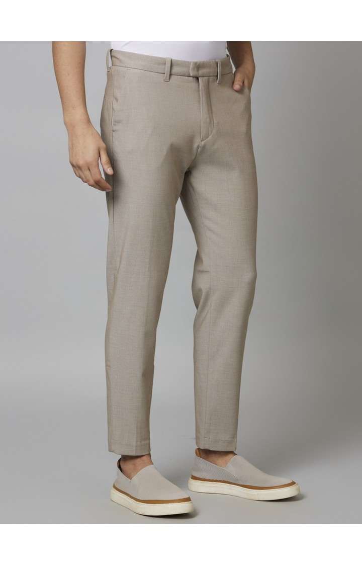 Men's Beige Blended Solid Trousers