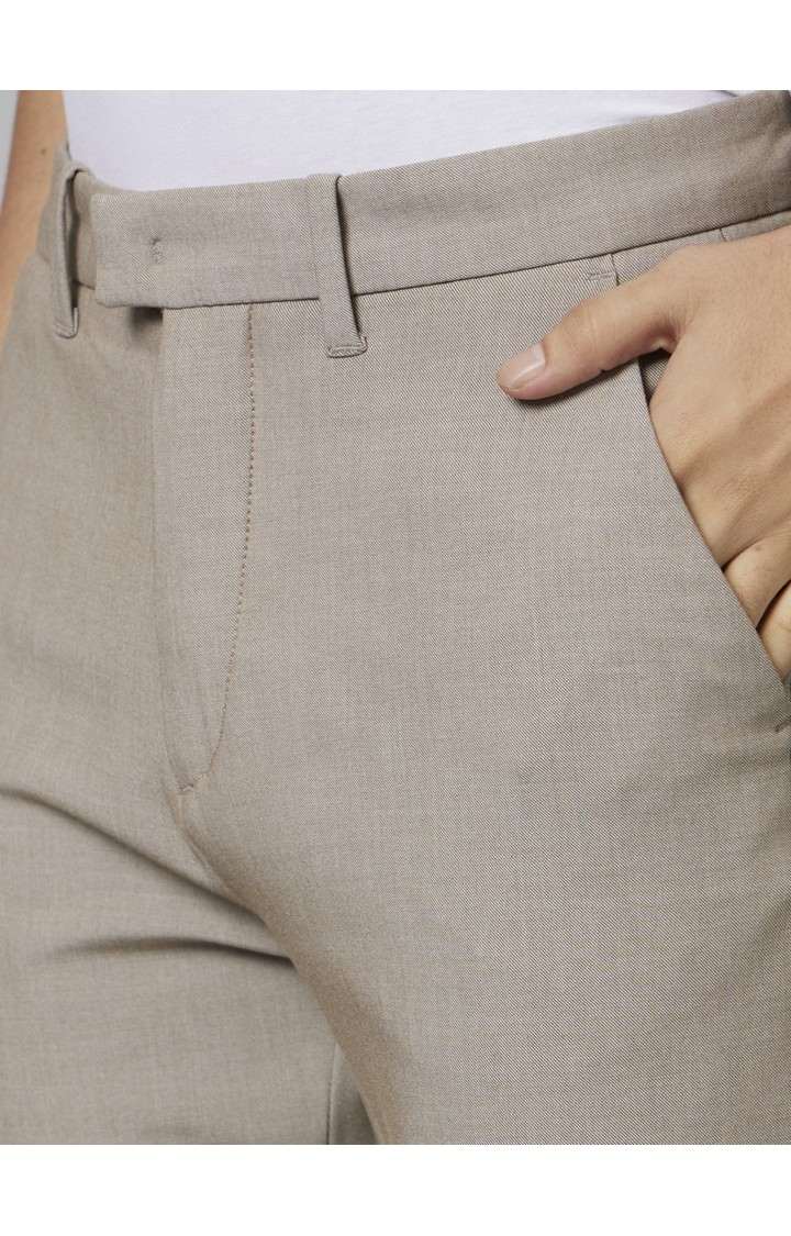 Men's Beige Blended Solid Trousers